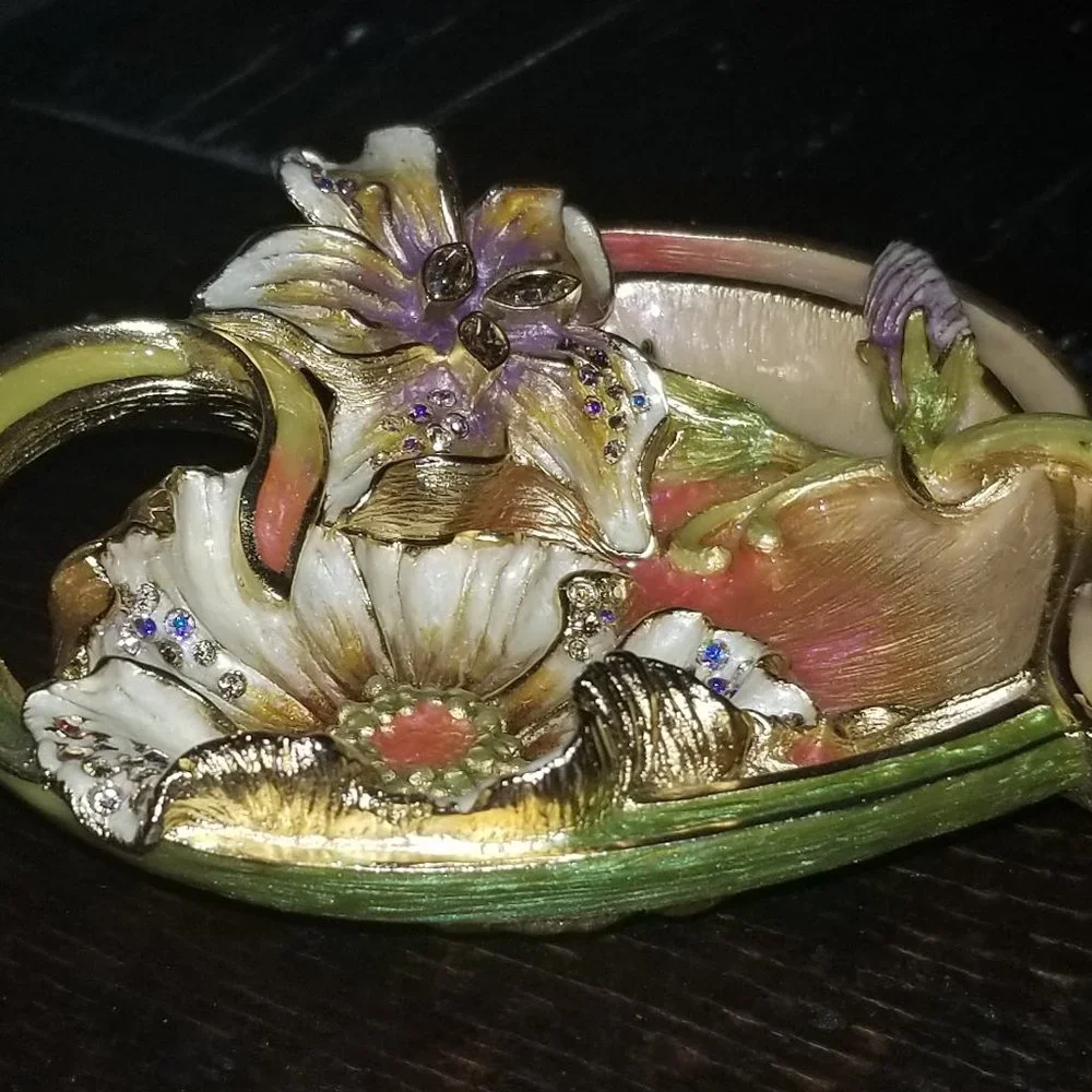 RARE JAY STRONGWATER LILY FLORAL LEAF ENAMEL CRYSTAL JEWELRY DISH TRINKET TRAY